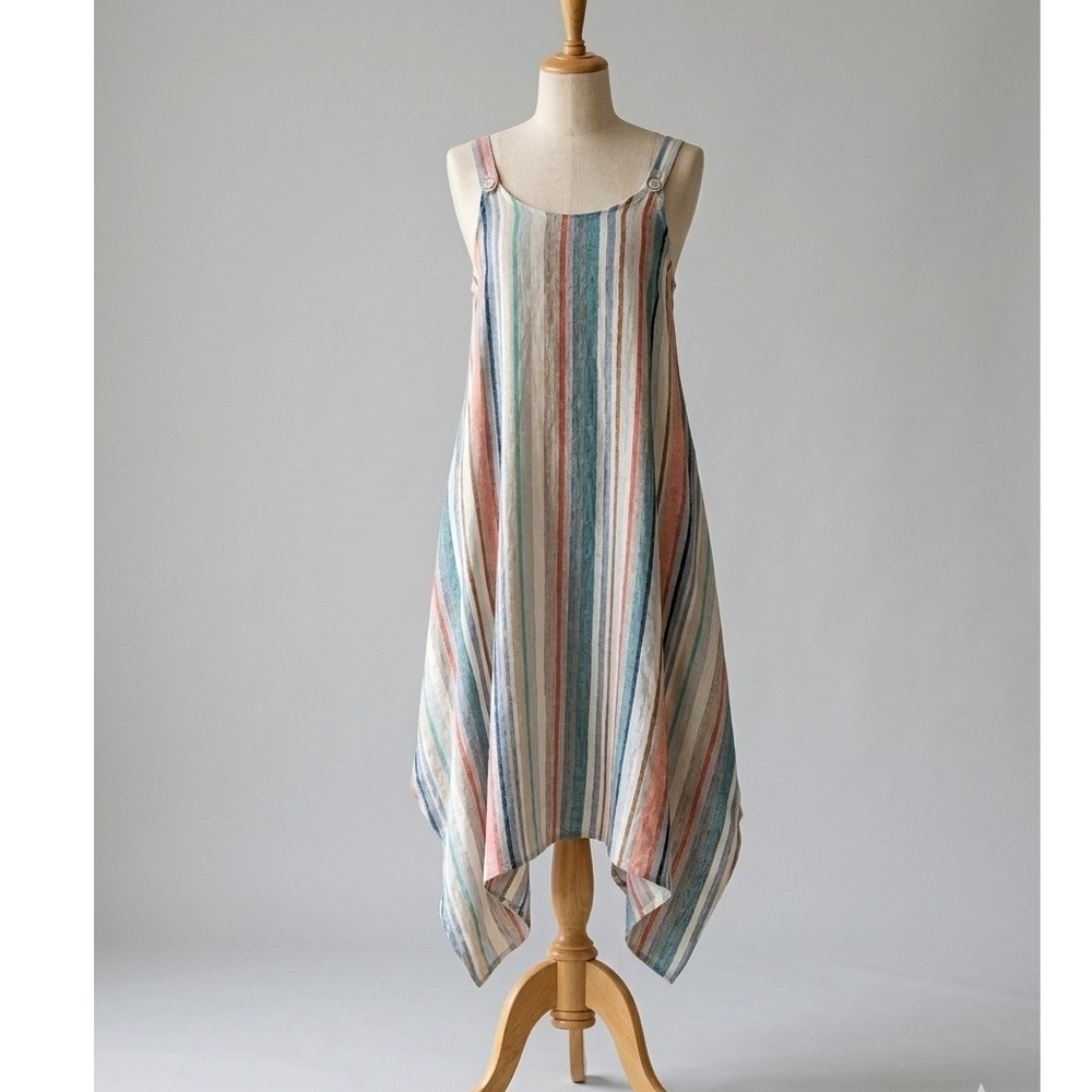 Foil New Zealand Asymmetric Striped linen Pinafore Dress‎ Lagenlook Artsy 6 Midi